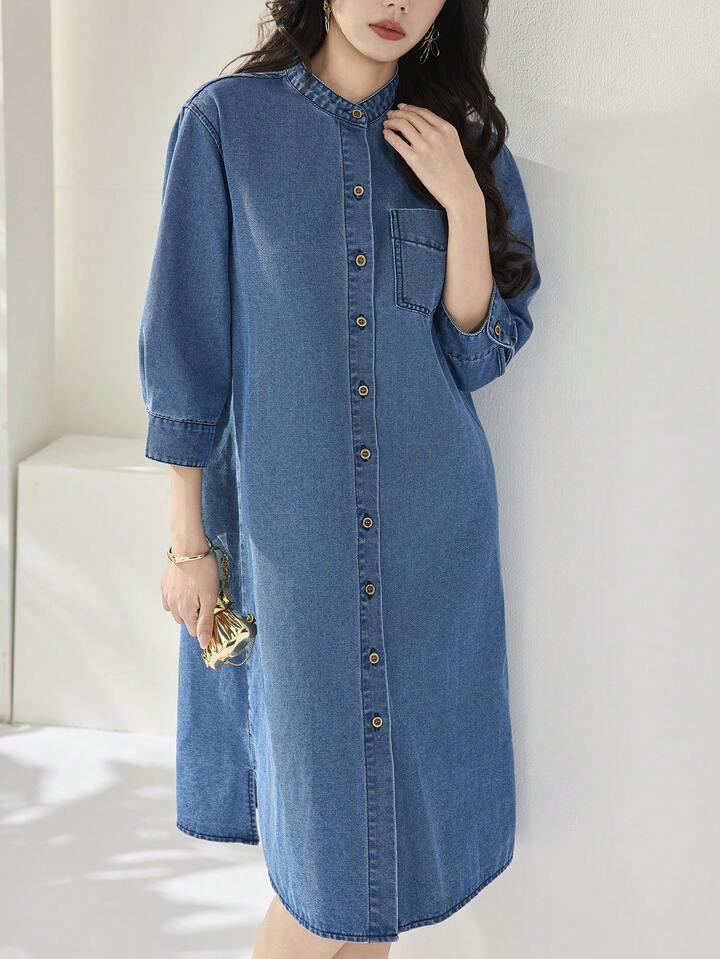 CM-DS218444 Women Casual Seoul Style Medium Wash Stand Collar 3/4 Sleeve Loose Front Button Denim Midi Dress