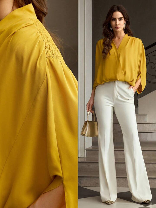 CM-TS845584 Women Elegant Seoul Style V-Neck Half Sleeve Mulberry Silk Sculptural Blouse - Yellow