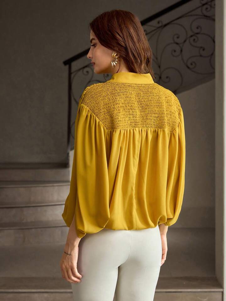CM-TS845584 Women Elegant Seoul Style V-Neck Half Sleeve Mulberry Silk Sculptural Blouse - Yellow
