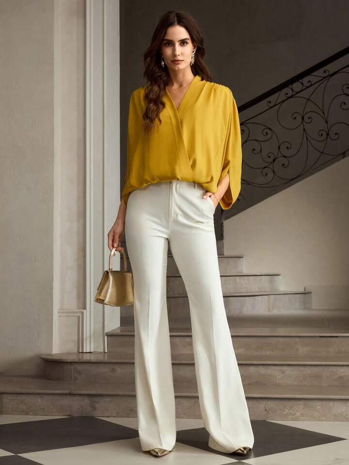 CM-TS845584 Women Elegant Seoul Style V-Neck Half Sleeve Mulberry Silk Sculptural Blouse - Yellow