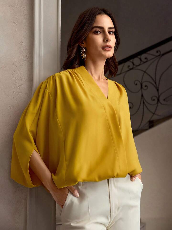CM-TS845584 Women Elegant Seoul Style V-Neck Half Sleeve Mulberry Silk Sculptural Blouse - Yellow