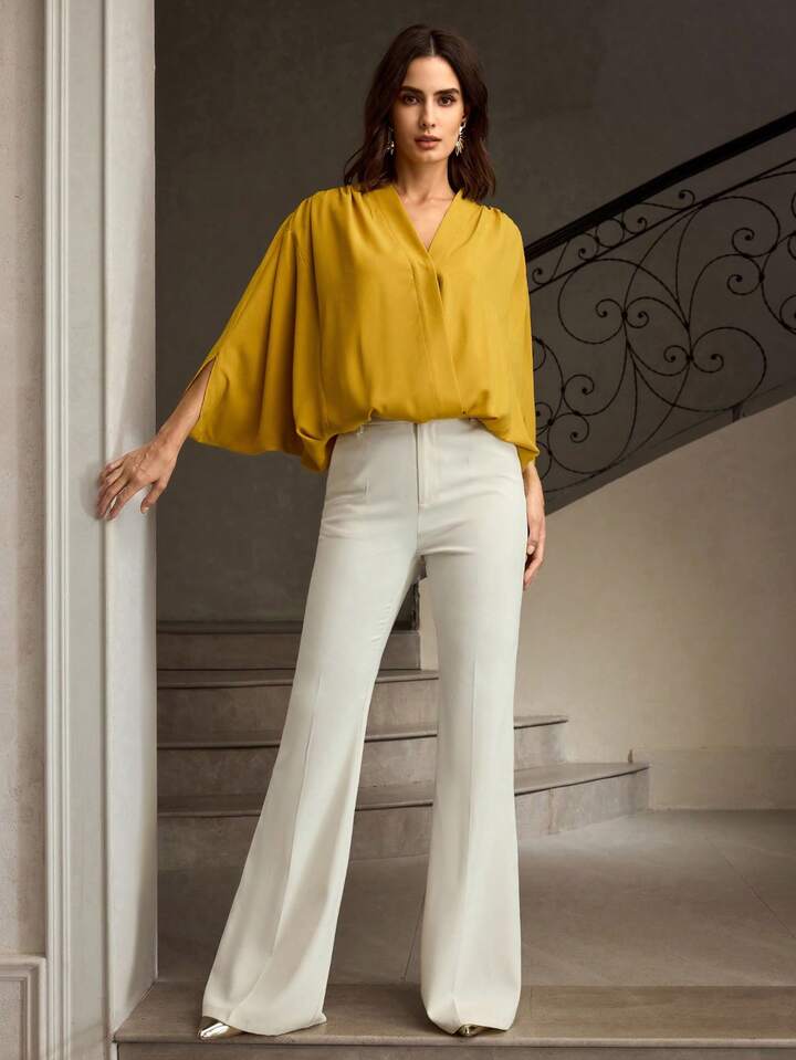 CM-TS845584 Women Elegant Seoul Style V-Neck Half Sleeve Mulberry Silk Sculptural Blouse - Yellow