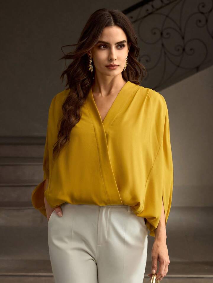 CM-TS845584 Women Elegant Seoul Style V-Neck Half Sleeve Mulberry Silk Sculptural Blouse - Yellow