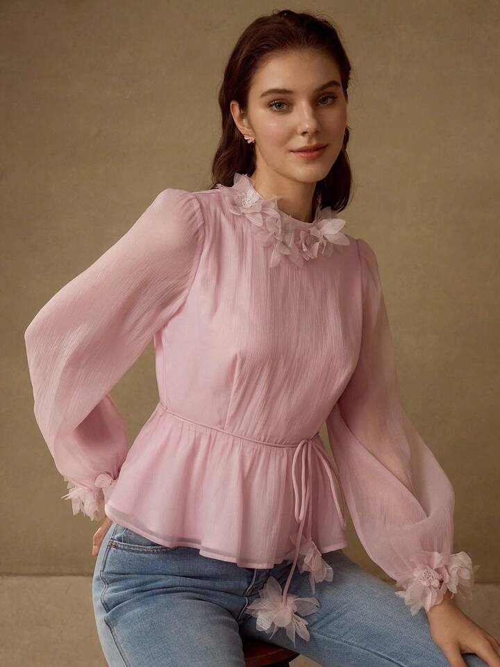 CM-TS472782 Women Elegant Seoul Style Solid Color Puff Sleeve Cinching Waist Casual Applique Collar Shirt - Pink