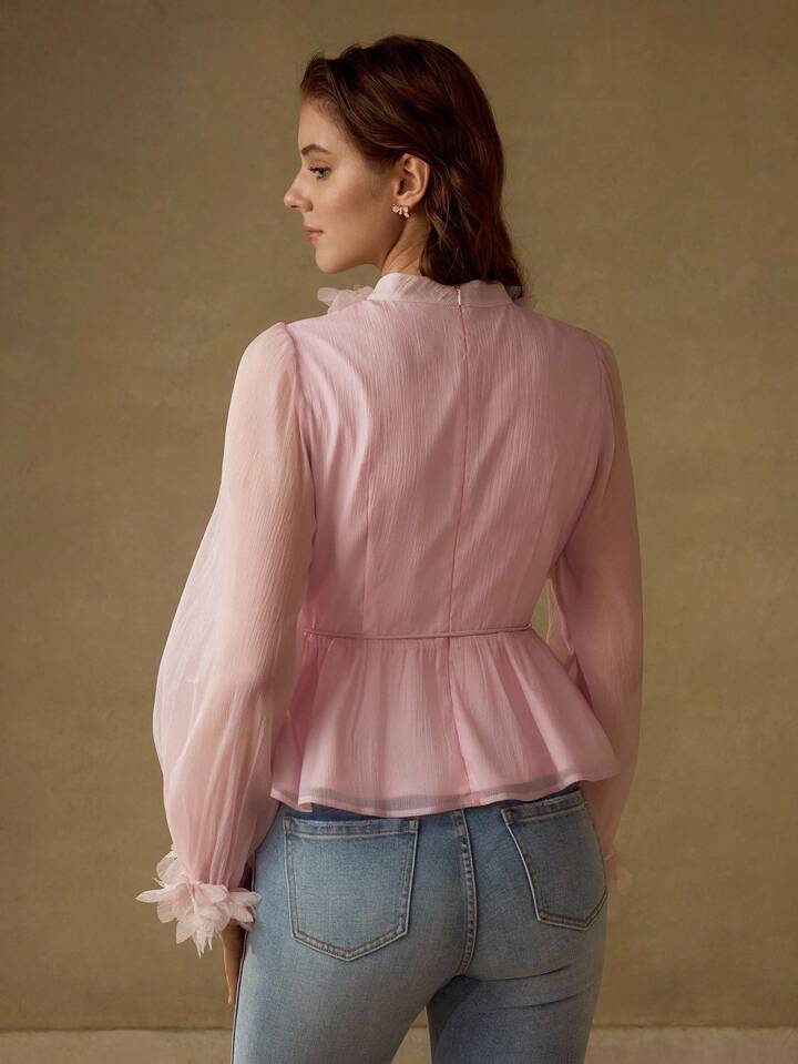 CM-TS472782 Women Elegant Seoul Style Solid Color Puff Sleeve Cinching Waist Casual Applique Collar Shirt - Pink