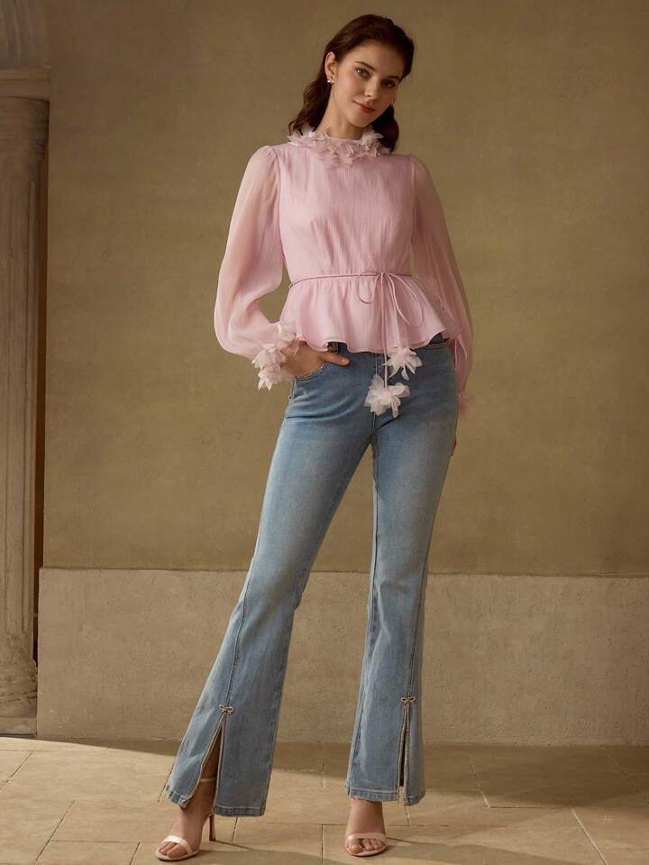 CM-TS472782 Women Elegant Seoul Style Solid Color Puff Sleeve Cinching Waist Casual Applique Collar Shirt - Pink