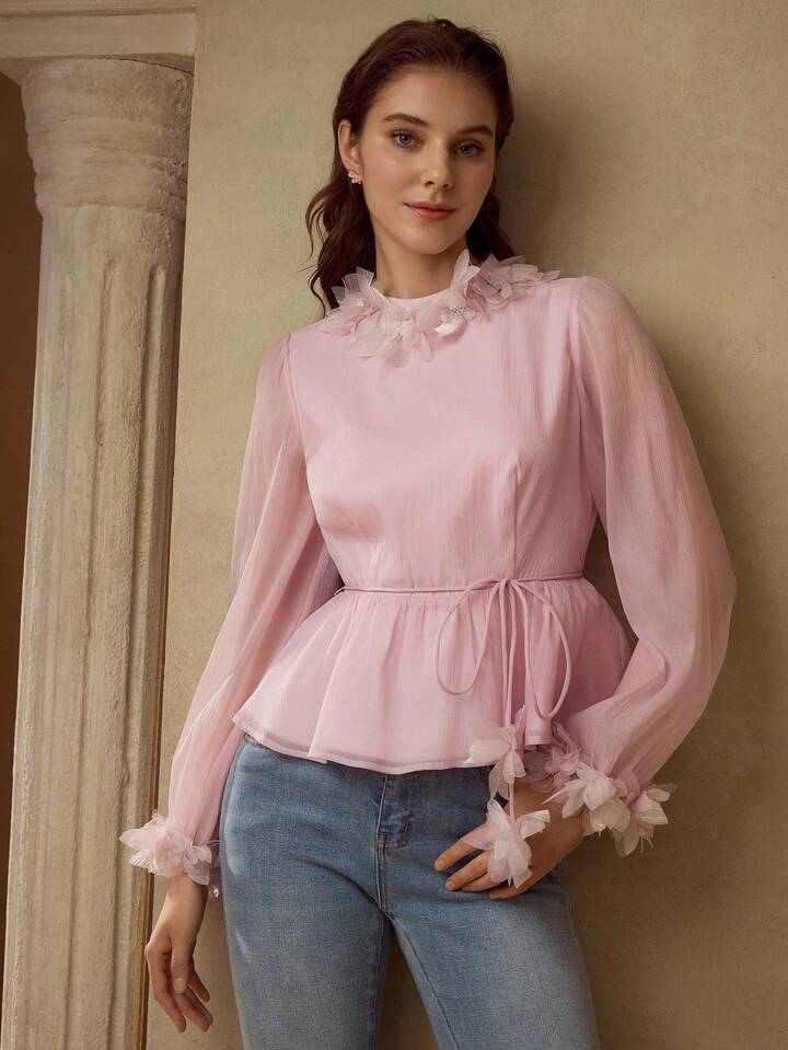 CM-TS472782 Women Elegant Seoul Style Solid Color Puff Sleeve Cinching Waist Casual Applique Collar Shirt - Pink