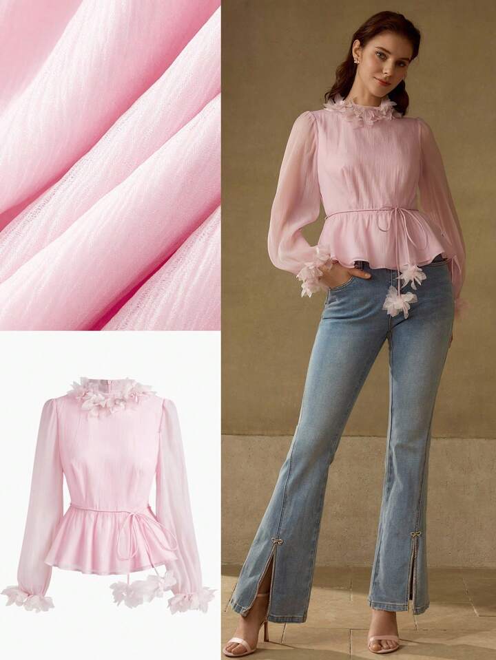 CM-TS472782 Women Elegant Seoul Style Solid Color Puff Sleeve Cinching Waist Casual Applique Collar Shirt - Pink