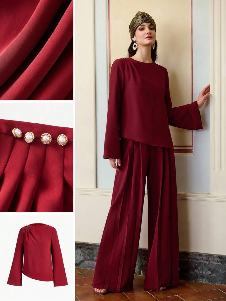 CM-TS713366 Women Elegant Seoul Style Pearl Decor Button Round Neck Long Sleeve Blouse - Burgundy