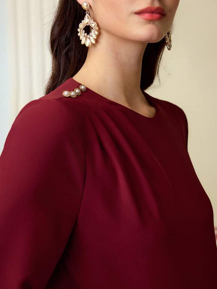CM-TS713366 Women Elegant Seoul Style Pearl Decor Button Round Neck Long Sleeve Blouse - Burgundy