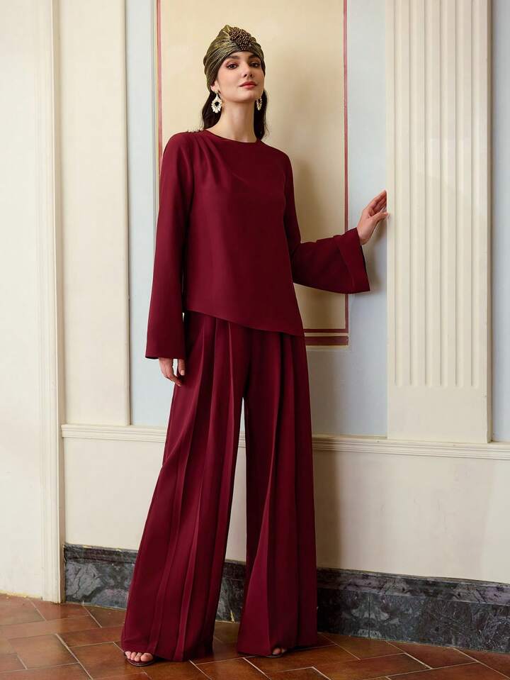 CM-TS713366 Women Elegant Seoul Style Pearl Decor Button Round Neck Long Sleeve Blouse - Burgundy