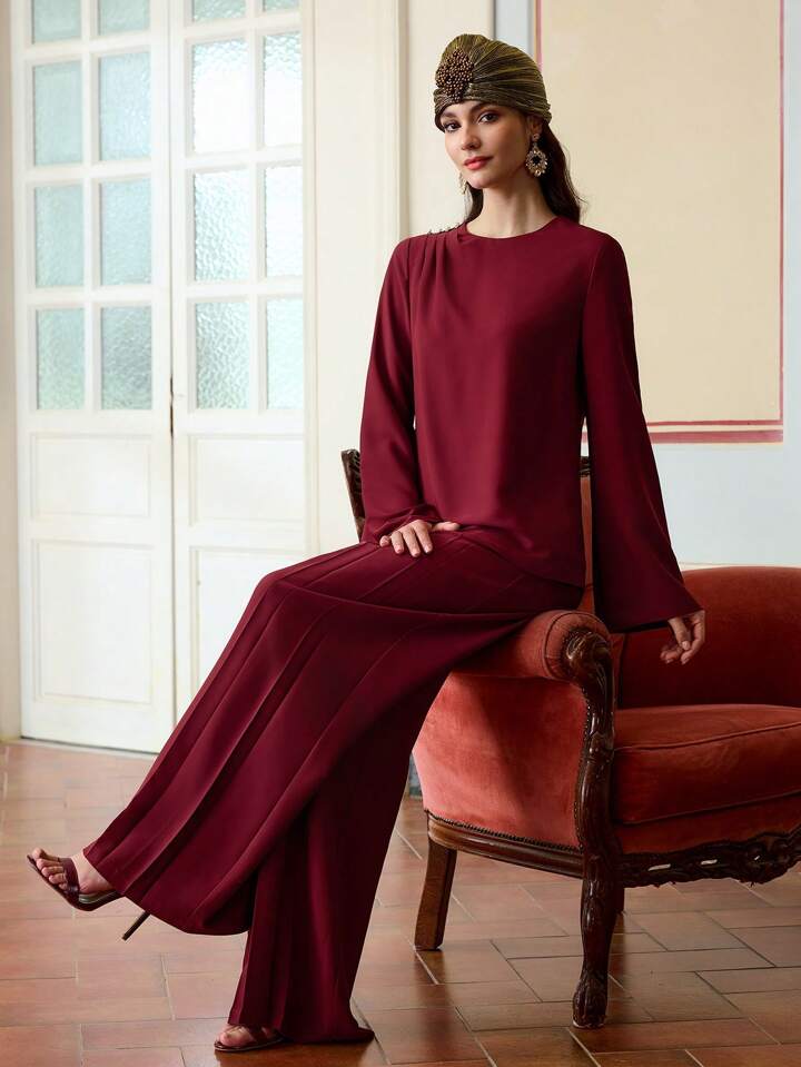 CM-TS713366 Women Elegant Seoul Style Pearl Decor Button Round Neck Long Sleeve Blouse - Burgundy