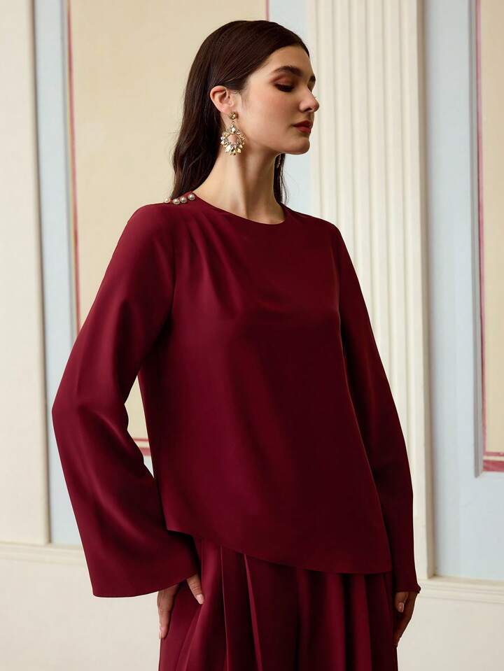 CM-TS713366 Women Elegant Seoul Style Pearl Decor Button Round Neck Long Sleeve Blouse - Burgundy