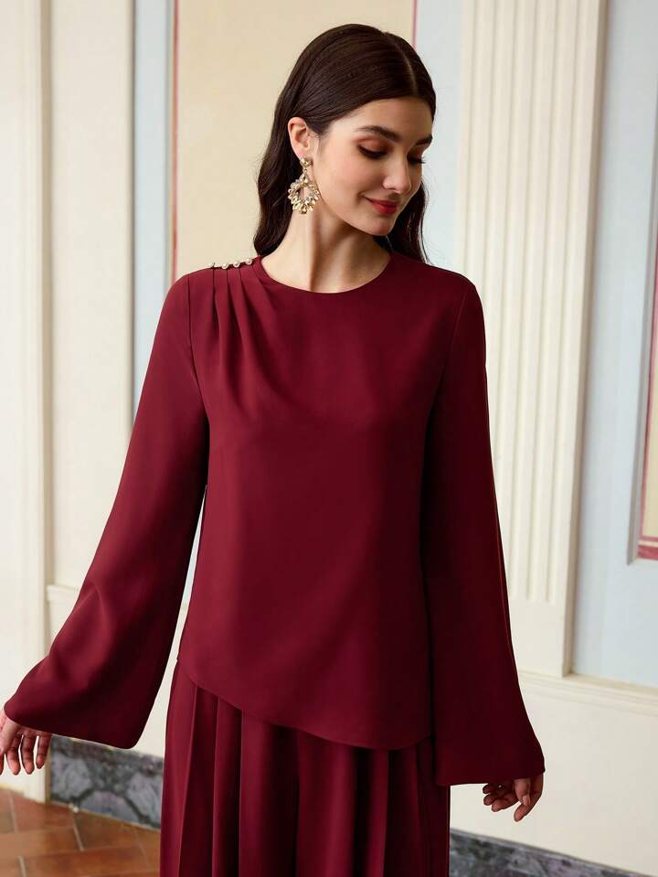 CM-TS713366 Women Elegant Seoul Style Pearl Decor Button Round Neck Long Sleeve Blouse - Burgundy