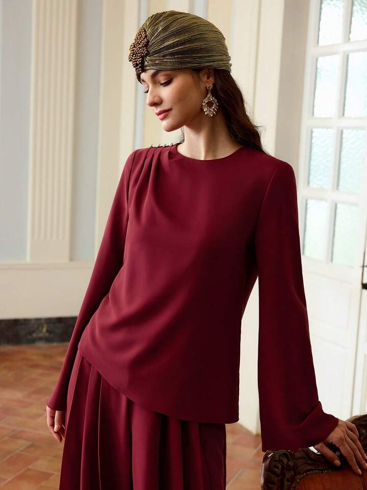 CM-TS713366 Women Elegant Seoul Style Pearl Decor Button Round Neck Long Sleeve Blouse - Burgundy