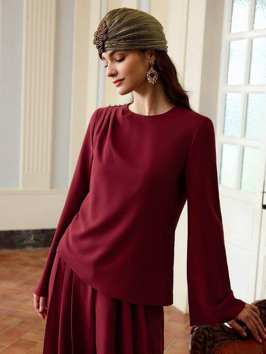 CM-TS713366 Women Elegant Seoul Style Pearl Decor Button Round Neck Long Sleeve Blouse - Burgundy