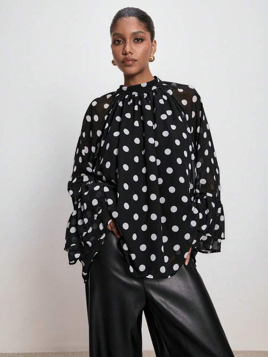 CM-TS454626 Women Elegant Seoul Style Ruffled Wide Sleeves Polka Dot Long Sleeve Shirt - Black