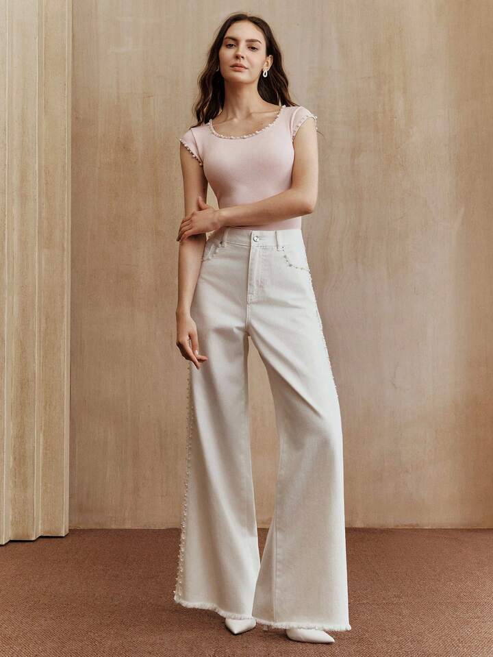 CM-BS925850 Women Elegant Seoul Style Mid Waist Faux Pearl Decor Pocket Wide Leg Loose Jeans - White