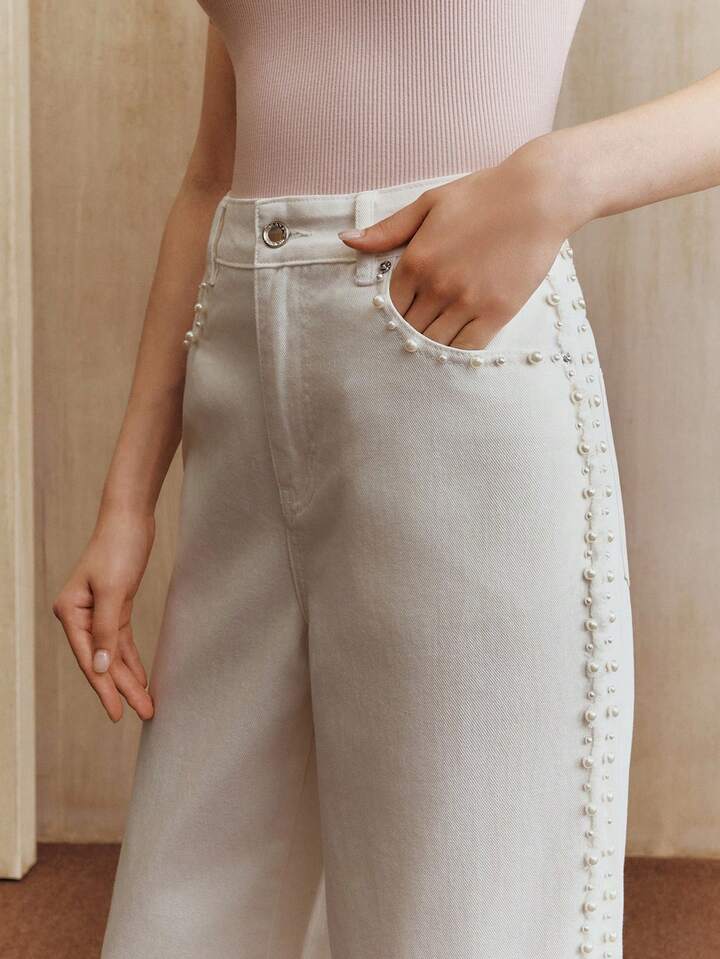 CM-BS925850 Women Elegant Seoul Style Mid Waist Faux Pearl Decor Pocket Wide Leg Loose Jeans - White