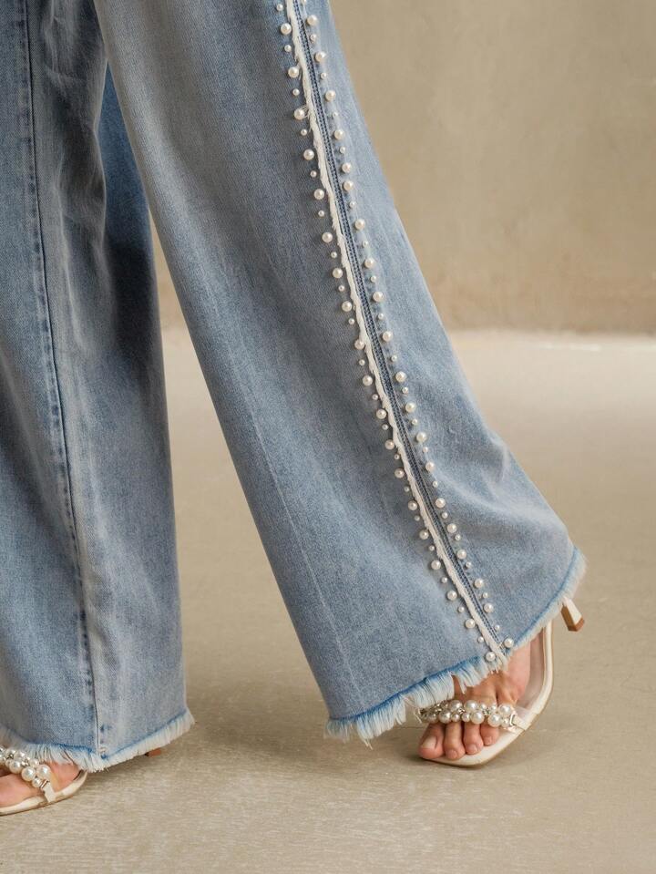 CM-BS999695 Women Elegant Seoul Style Mid Waist Faux Pearl Decor Pocket Wide Leg Loose Jeans - Blue