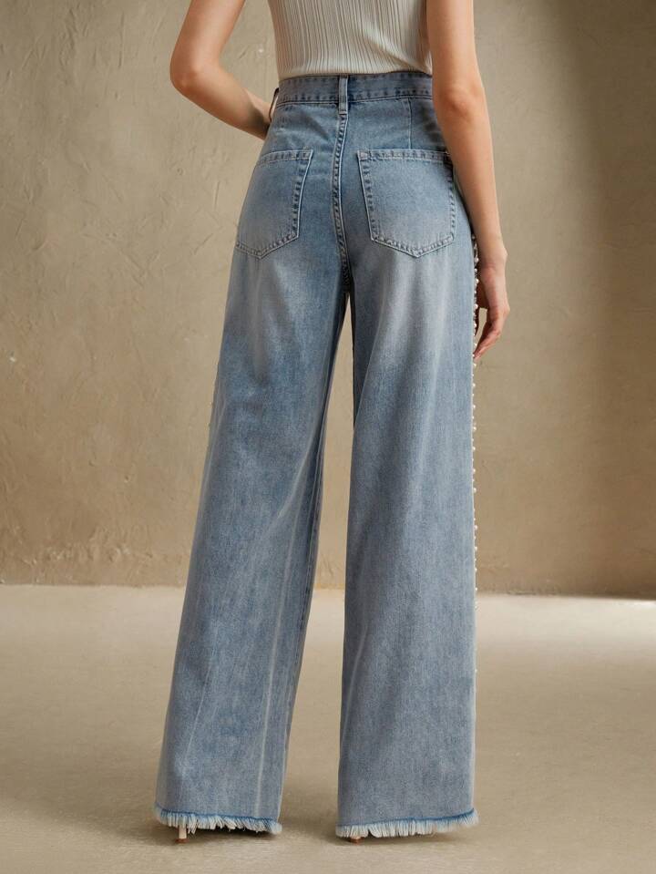 CM-BS999695 Women Elegant Seoul Style Mid Waist Faux Pearl Decor Pocket Wide Leg Loose Jeans - Blue