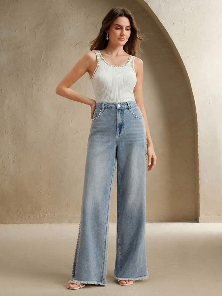 CM-BS999695 Women Elegant Seoul Style Mid Waist Faux Pearl Decor Pocket Wide Leg Loose Jeans - Blue