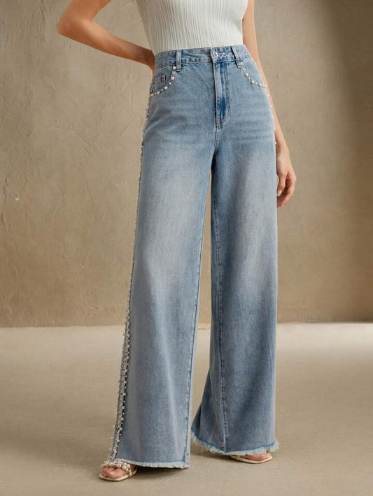 CM-BS999695 Women Elegant Seoul Style Mid Waist Faux Pearl Decor Pocket Wide Leg Loose Jeans - Blue