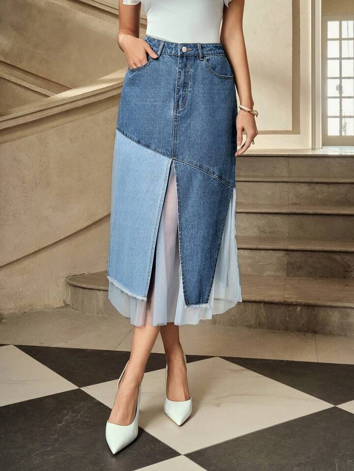 CM-BS830381 Women Casual Seoul Style High Waist Pocketed Mesh Patchwork Midi Denim Skirt