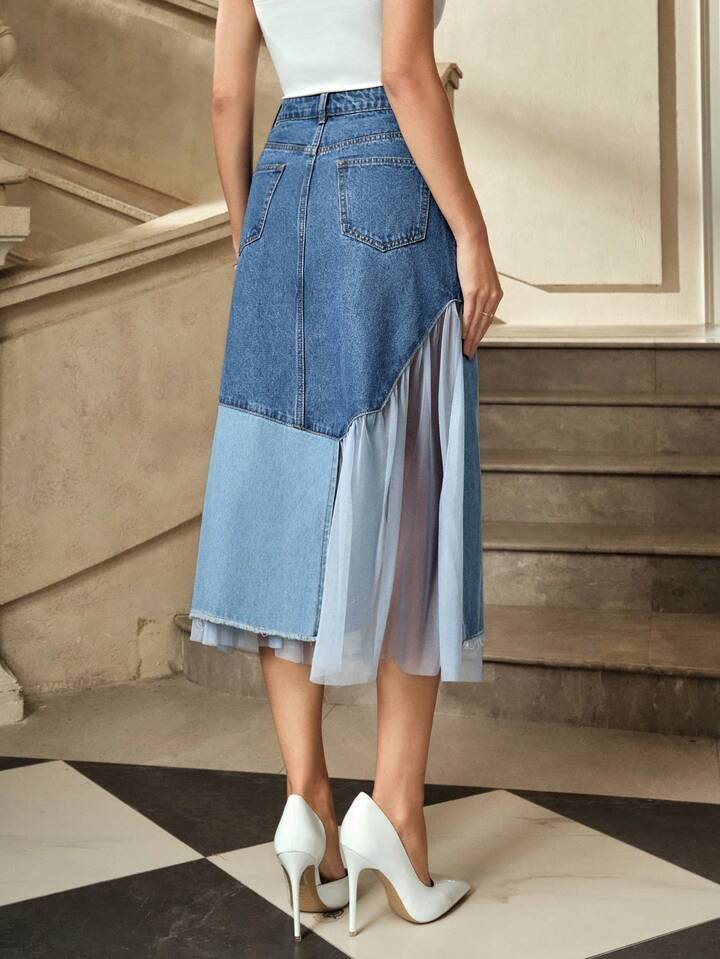 CM-BS830381 Women Casual Seoul Style High Waist Pocketed Mesh Patchwork Midi Denim Skirt