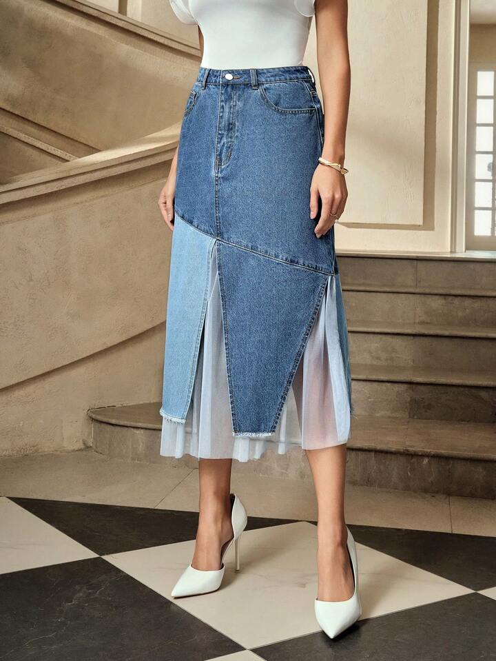 CM-BS830381 Women Casual Seoul Style High Waist Pocketed Mesh Patchwork Midi Denim Skirt