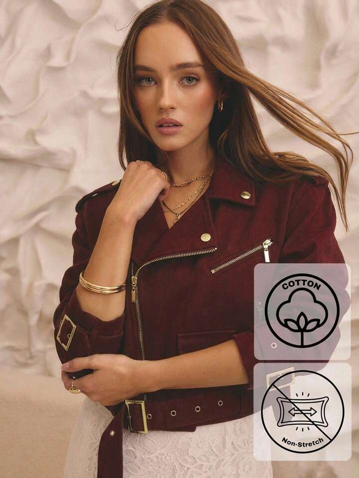 CM-CS944359 Women Elegant Seoul Style Cropped Denim Biker Jacket With Gold Trim Details - Burgundy