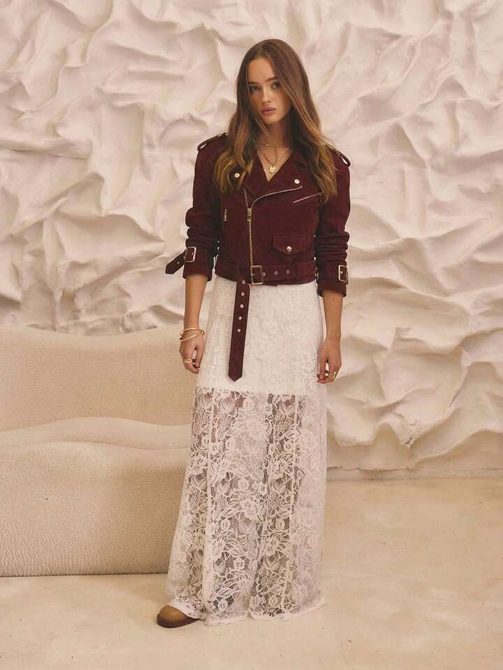 CM-CS944359 Women Elegant Seoul Style Cropped Denim Biker Jacket With Gold Trim Details - Burgundy