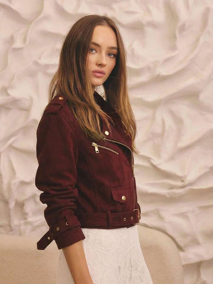 CM-CS944359 Women Elegant Seoul Style Cropped Denim Biker Jacket With Gold Trim Details - Burgundy