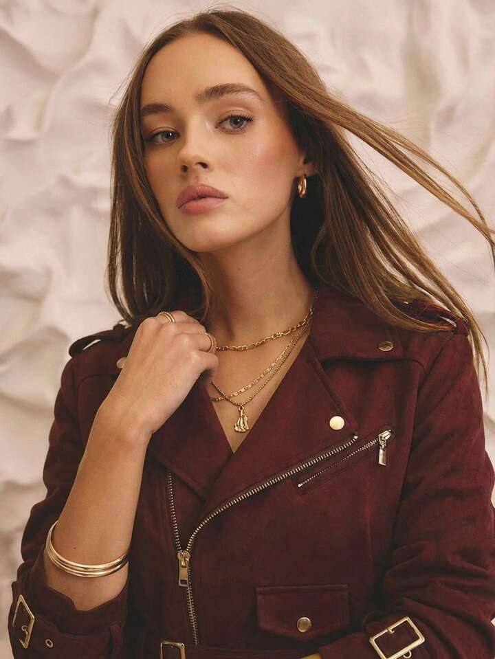 CM-CS944359 Women Elegant Seoul Style Cropped Denim Biker Jacket With Gold Trim Details - Burgundy