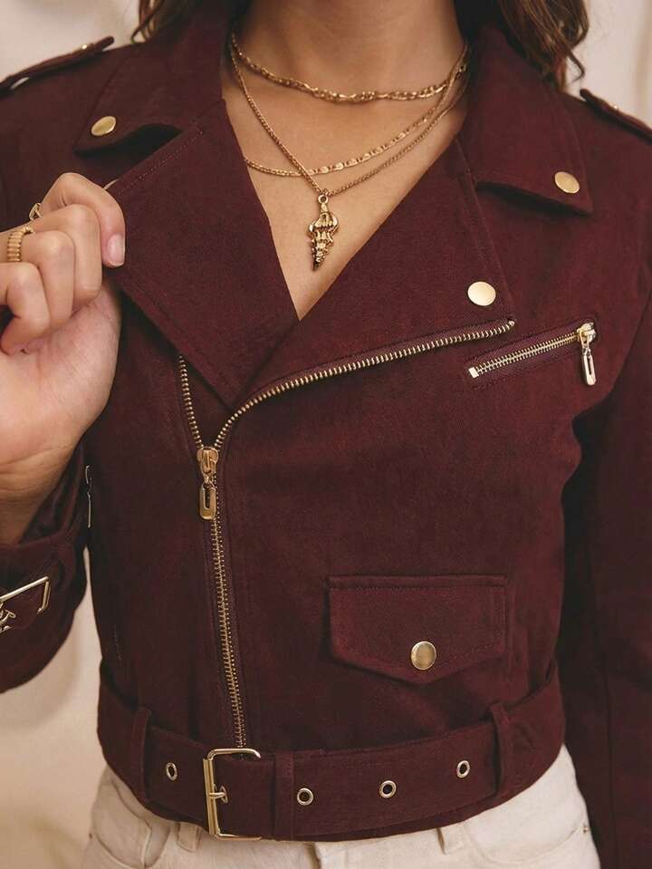 CM-CS944359 Women Elegant Seoul Style Cropped Denim Biker Jacket With Gold Trim Details - Burgundy