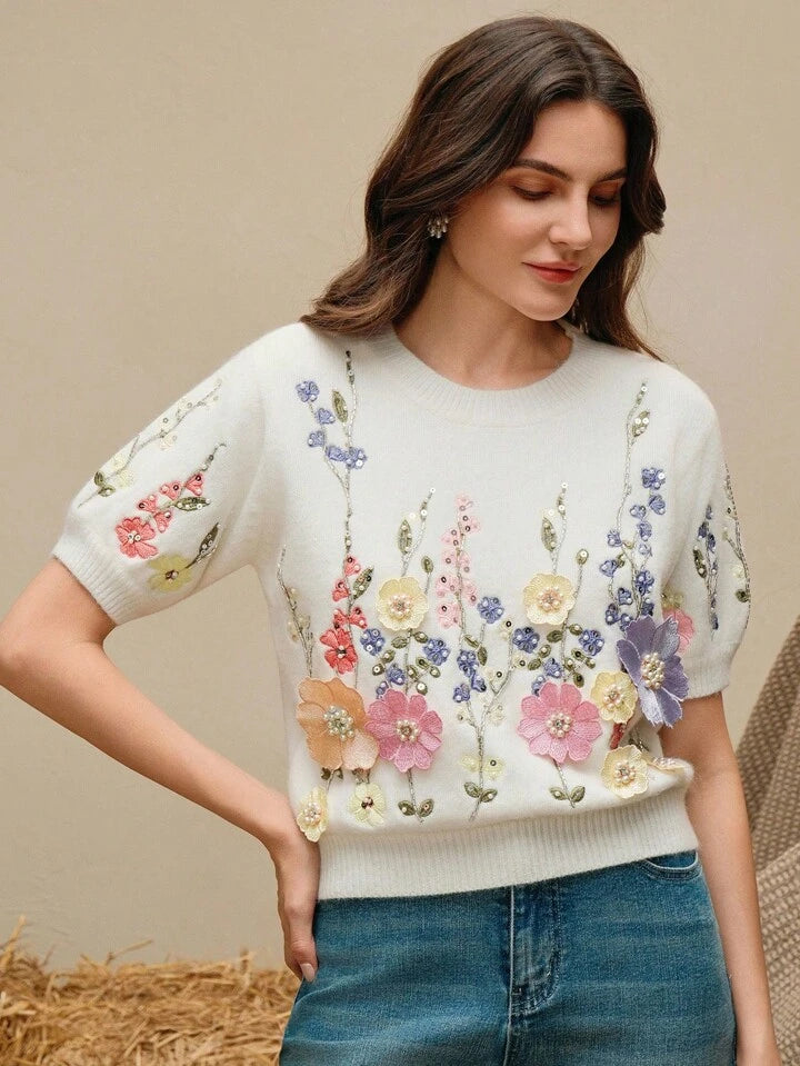 CM-TS133436 Women Casual Seoul Style Beaded Embroidered Floral Round Neck Short Sleeve Knit Top - White