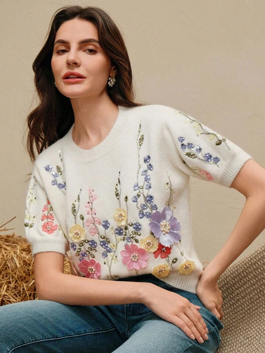CM-TS133436 Women Casual Seoul Style Beaded Embroidered Floral Round Neck Short Sleeve Knit Top - White