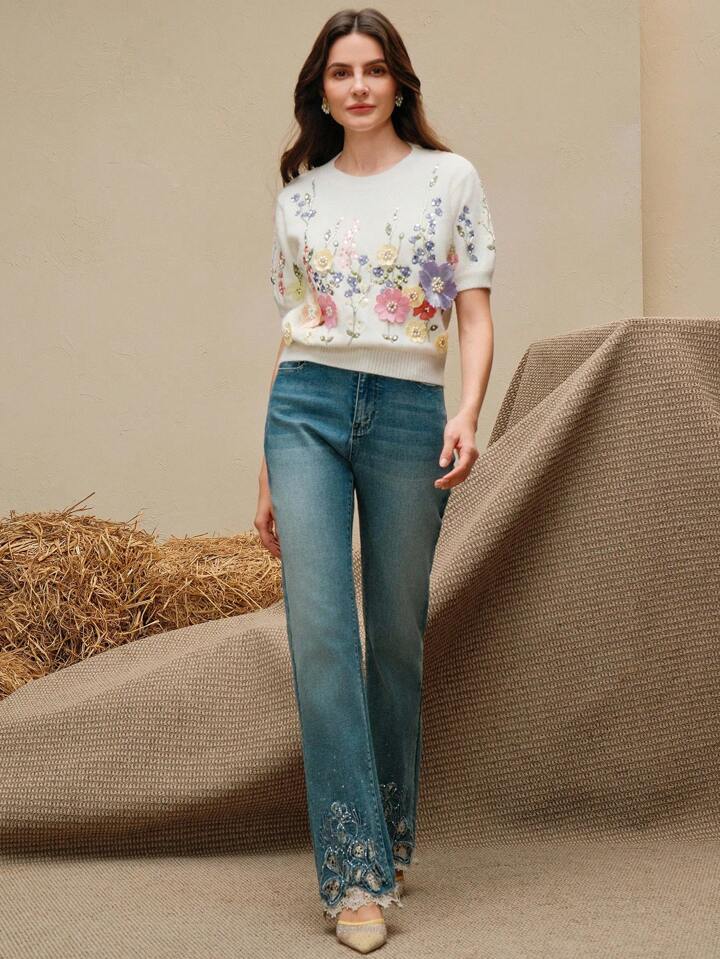 CM-TS133436 Women Casual Seoul Style Beaded Embroidered Floral Round Neck Short Sleeve Knit Top - White