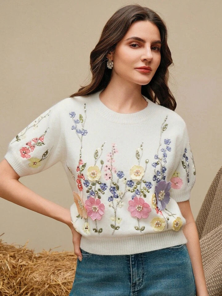 CM-TS133436 Women Casual Seoul Style Beaded Embroidered Floral Round Neck Short Sleeve Knit Top - White