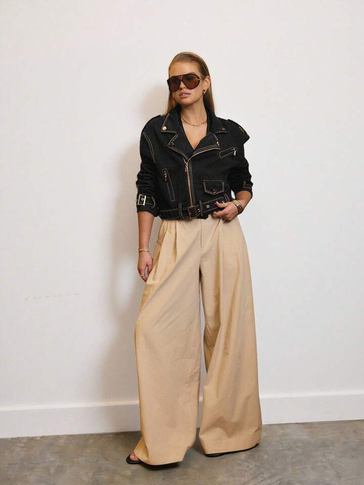 CM-CS983640 Women Elegant Seoul Style Cropped Denim Biker Jacket With Gold Trim Details - Black