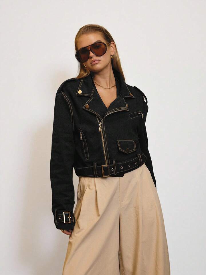 CM-CS983640 Women Elegant Seoul Style Cropped Denim Biker Jacket With Gold Trim Details - Black