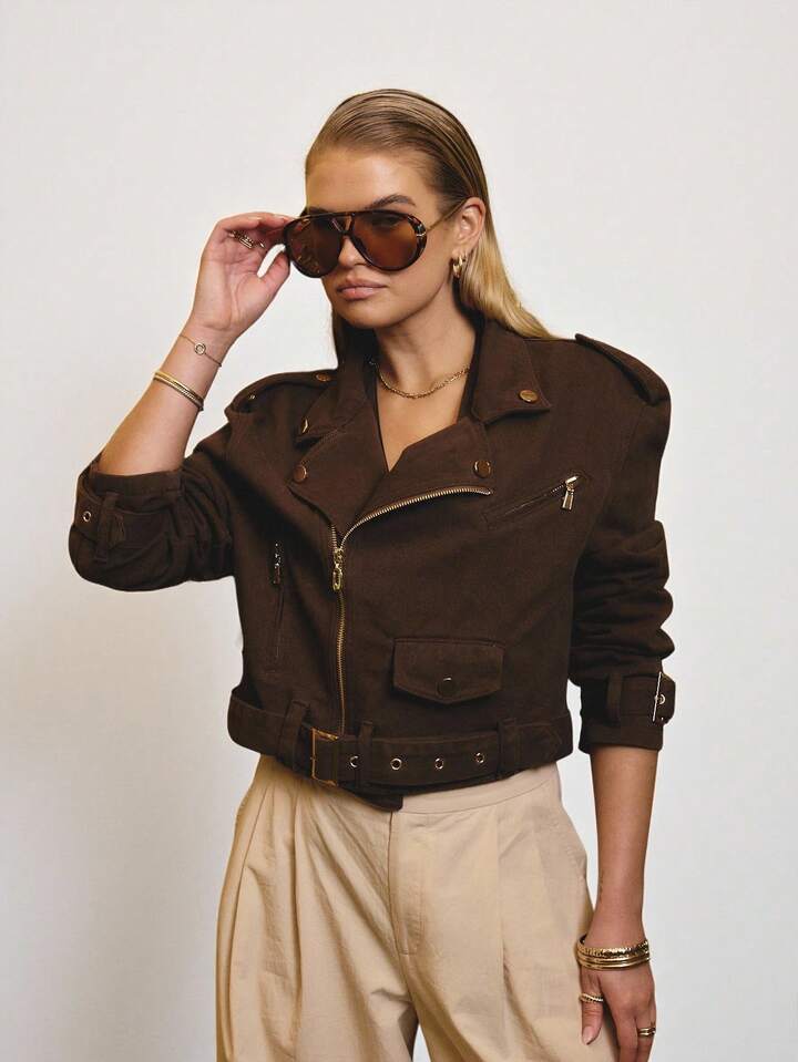 CM-CS945984 Women Elegant Seoul Style Cropped Denim Biker Jacket With Gold Trim Details - Chocolate Brown