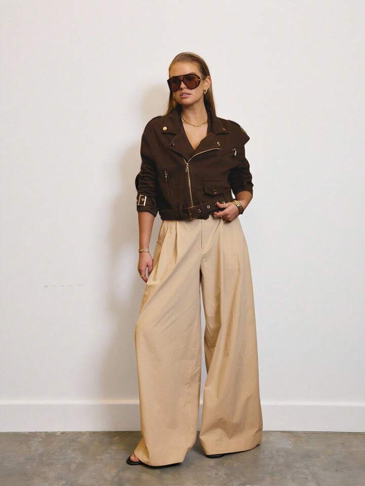 CM-CS945984 Women Elegant Seoul Style Cropped Denim Biker Jacket With Gold Trim Details - Chocolate Brown