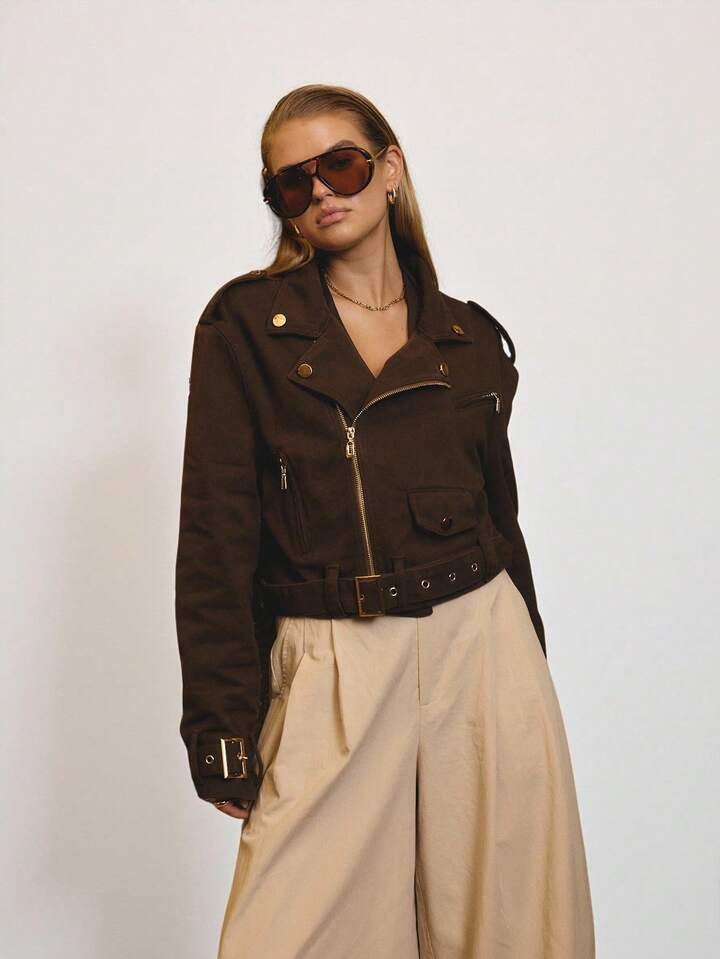 CM-CS945984 Women Elegant Seoul Style Cropped Denim Biker Jacket With Gold Trim Details - Chocolate Brown