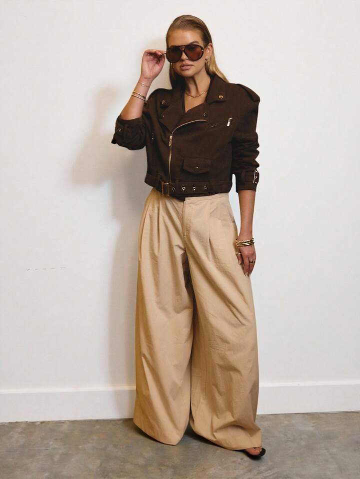 CM-CS945984 Women Elegant Seoul Style Cropped Denim Biker Jacket With Gold Trim Details - Chocolate Brown