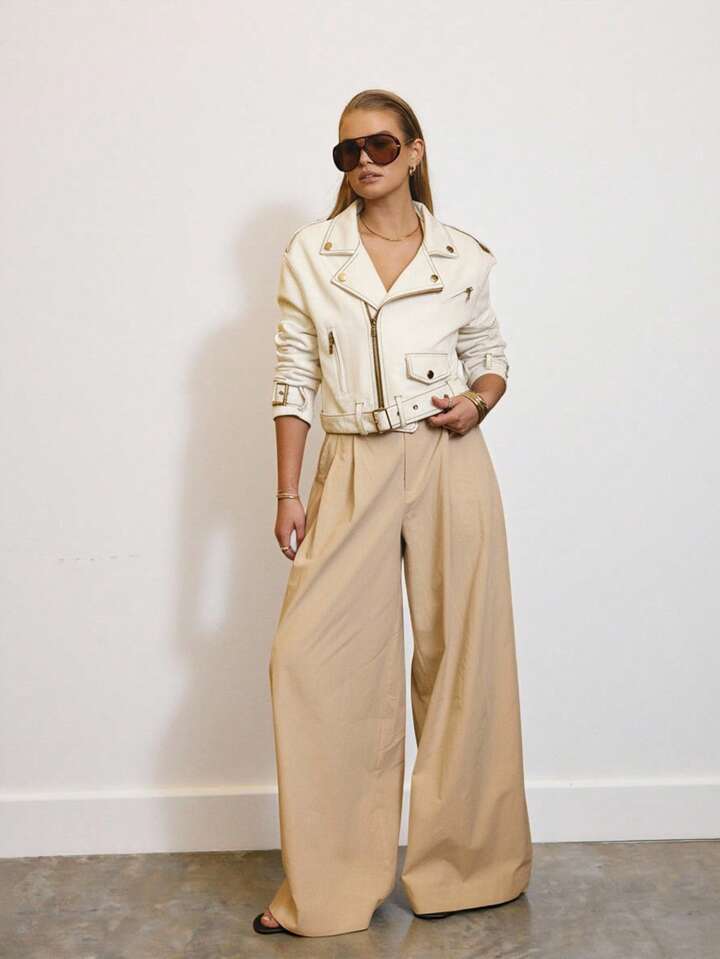 CM-CS964743 Women Elegant Seoul Style Cropped Denim Biker Jacket With Gold Trim Details - White