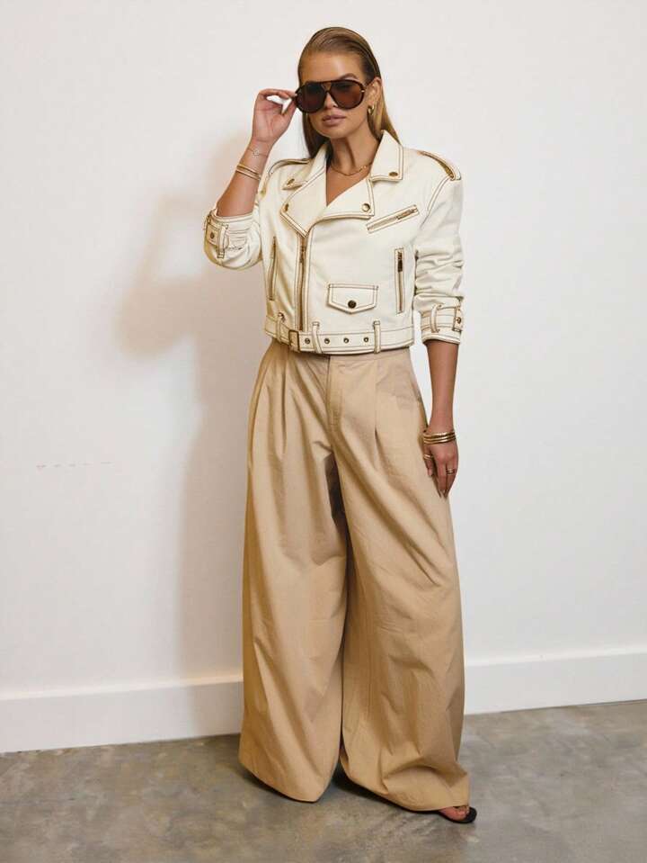 CM-CS964743 Women Elegant Seoul Style Cropped Denim Biker Jacket With Gold Trim Details - White