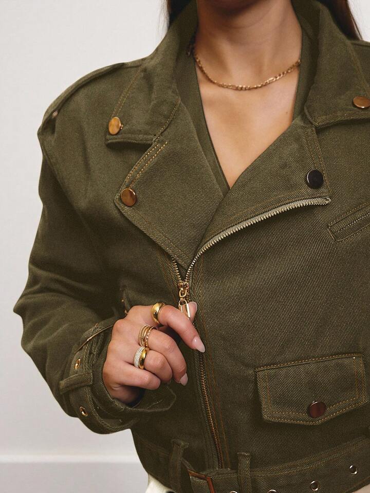 CM-CS927391 Women Elegant Seoul Style Cropped Denim Biker Jacket With Gold Trim Details - Army Green