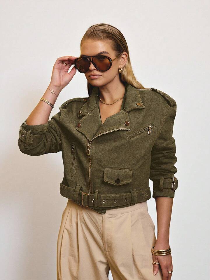 CM-CS927391 Women Elegant Seoul Style Cropped Denim Biker Jacket With Gold Trim Details - Army Green