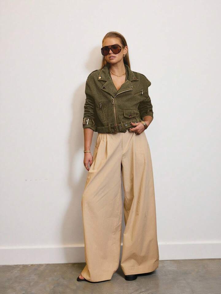 CM-CS927391 Women Elegant Seoul Style Cropped Denim Biker Jacket With Gold Trim Details - Army Green